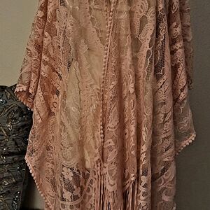 Mixit Peach Lace Kimono with Fringe
